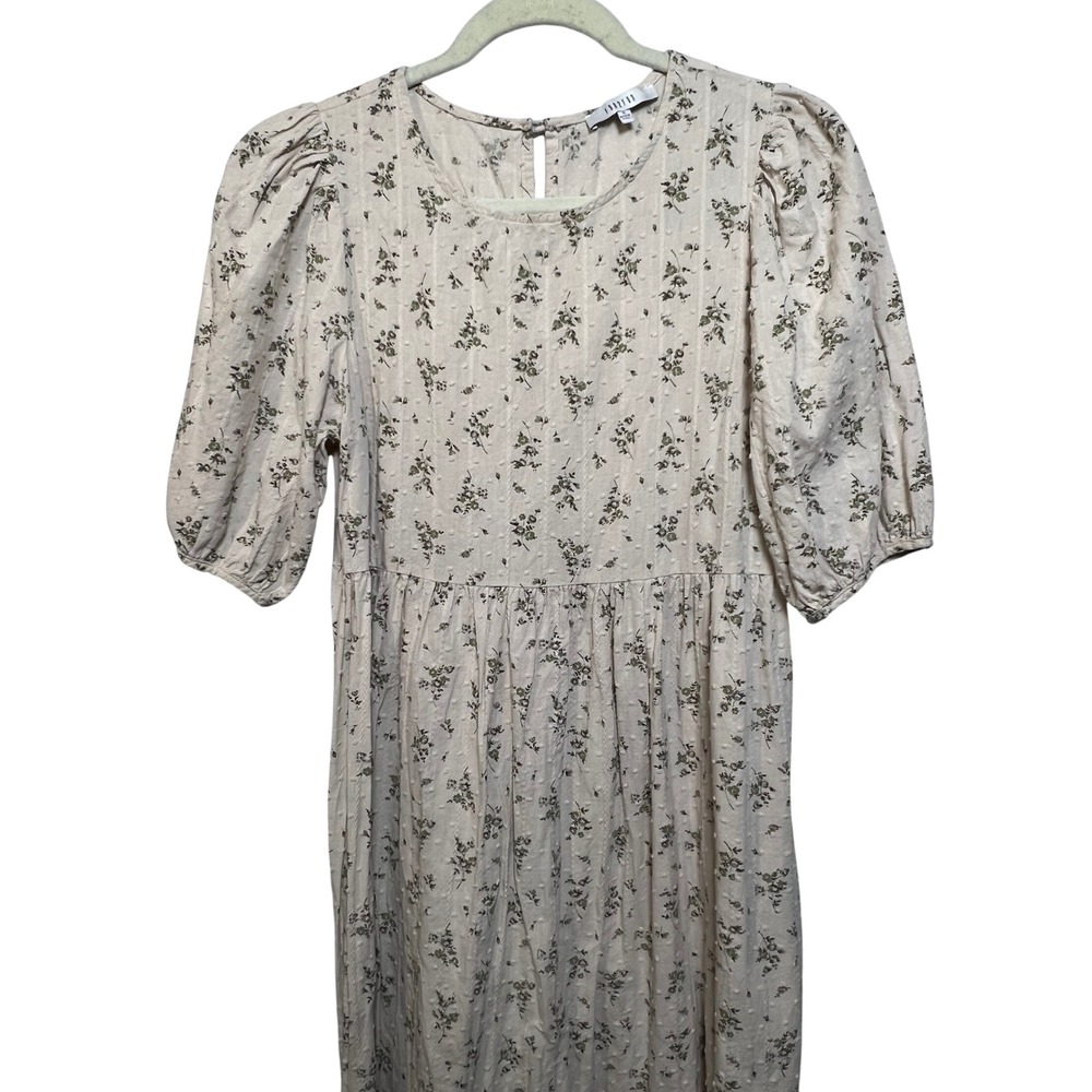 Fun2Fun Beige Floral Swiss Dot Cotton Midi Dress Puff Sleeve Small